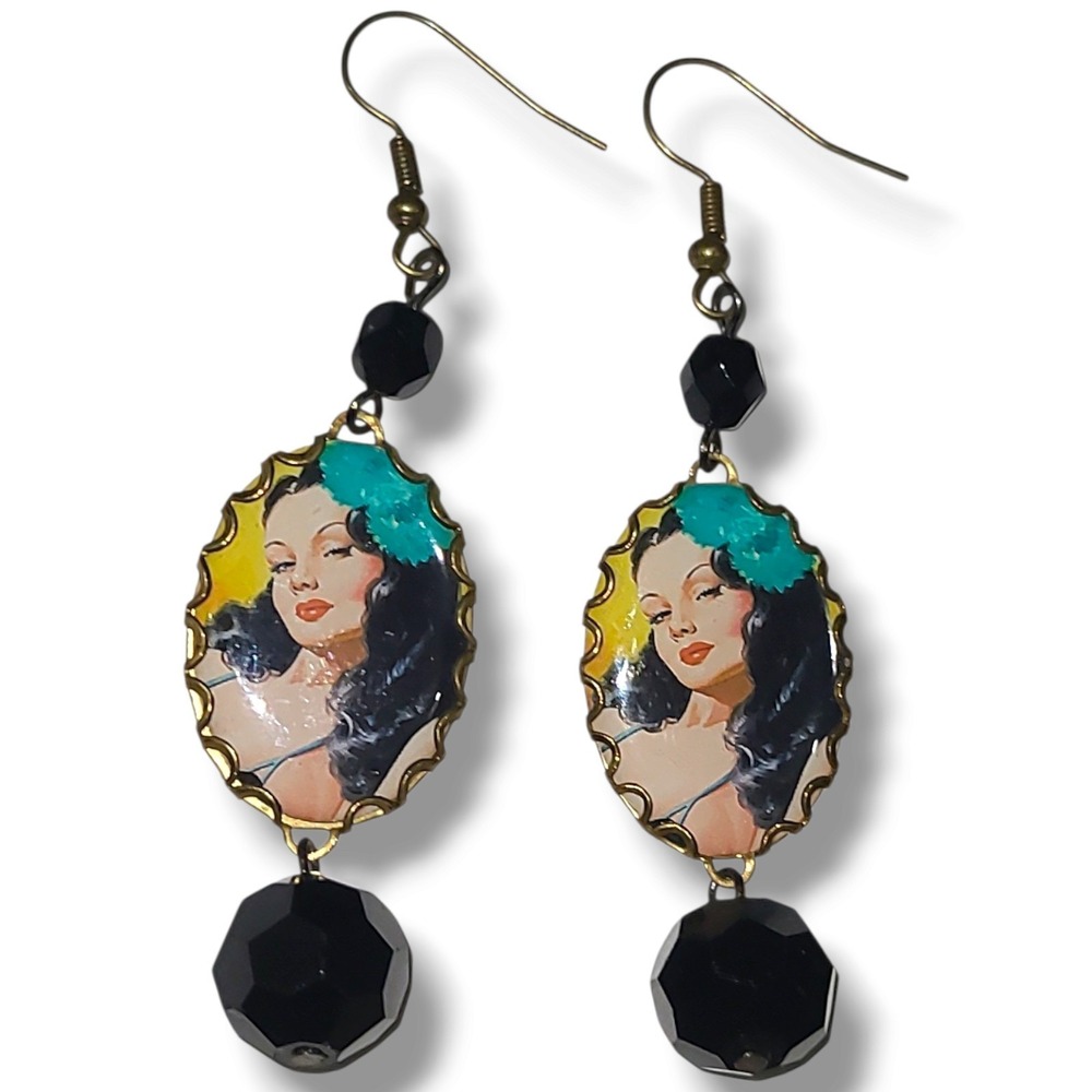 Vintage Pin-up Girl Framed Photo Dangle Earrings